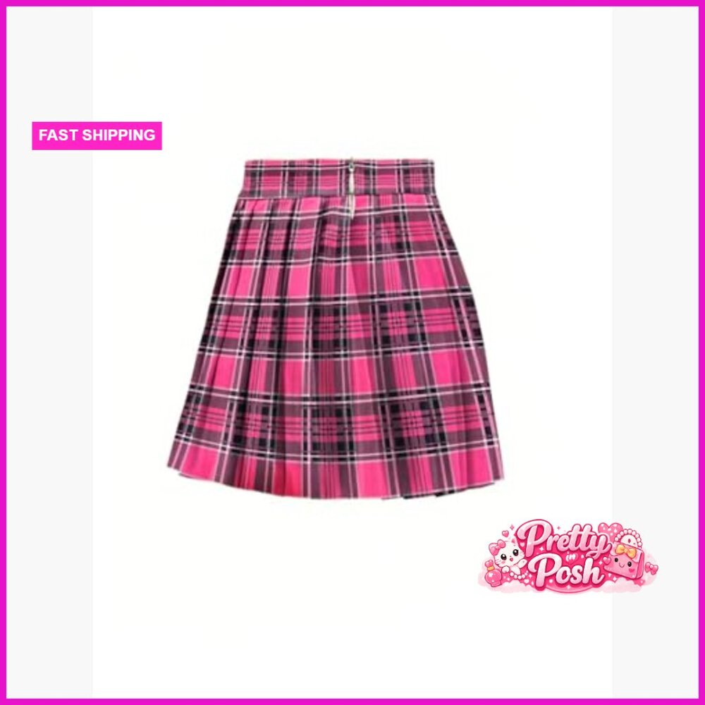 Polyester Pleated Mini Skirt Low Rise Plaid Print Casual - Picture 3 of 3